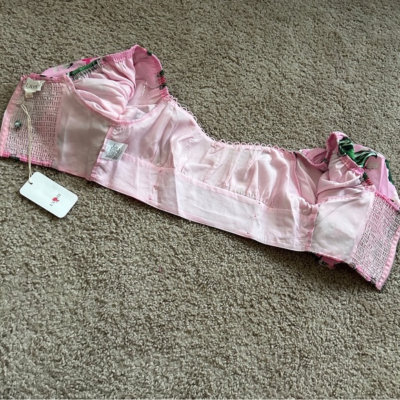 L'ATISTE Pink Ombre Green Floral Butterfly Zip Up Puff Sleeve Top NWT Size Large - Picture 9 of 12